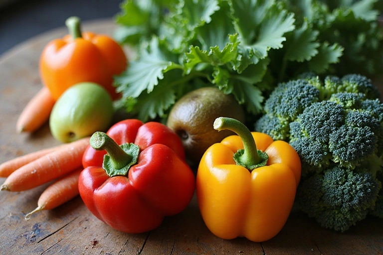 Imagine cu legume proaspete pe o masă de lemn