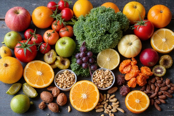 O masă plină cu fructe proaspete, legume colorate și nuci, aranjate artistic.