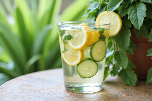 Un pahar de apă cu felii de lămâie și castravete, lângă o plantă verde, sugerând hidratare și detoxifiere.