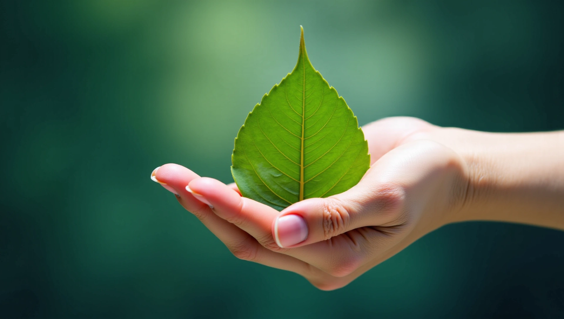 Mână stilizată ținând o frunză naturală, simbolizând conexiunea și grija