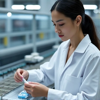 Specialist în Controlul Calității, o femeie verificând produse pe o linie de producție.